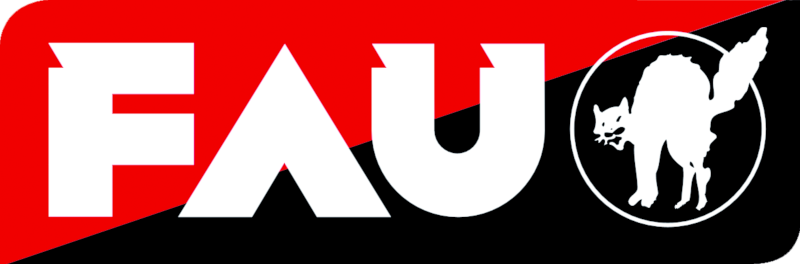 FAU Schriftzug mit Katze auf schwarz-rotem Grund